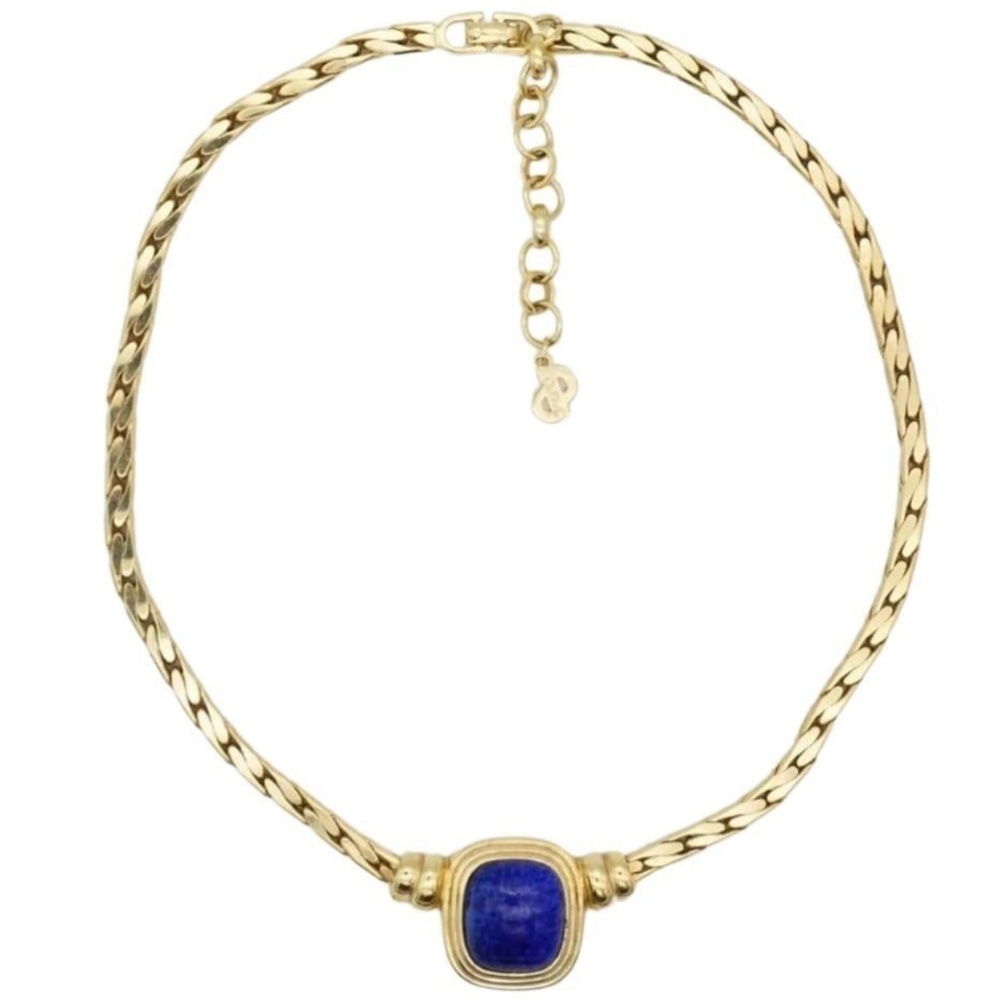 Christian Dior Vintage 1980s Lapis Navy Rectangle Cabochon Pendant Necklace